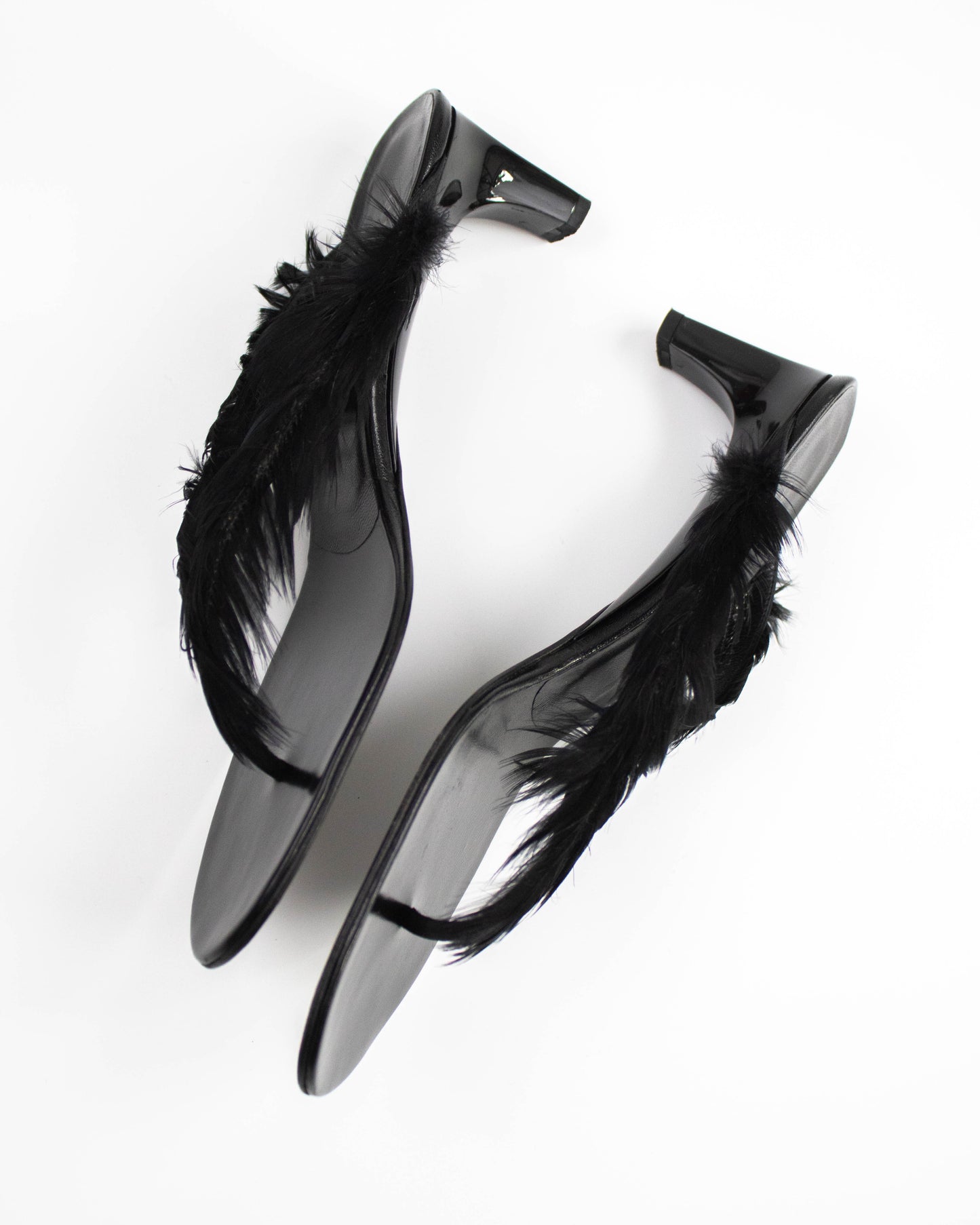Vintage S/S 1999 Gucci Black Feather Thong Mule Runway Heels / 38.5 (US 8.5)