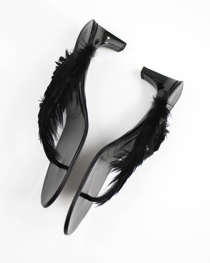 Vintage S/S 1999 Gucci Black Feather Thong Mule Runway Heels / 38.5 (US 8.5)