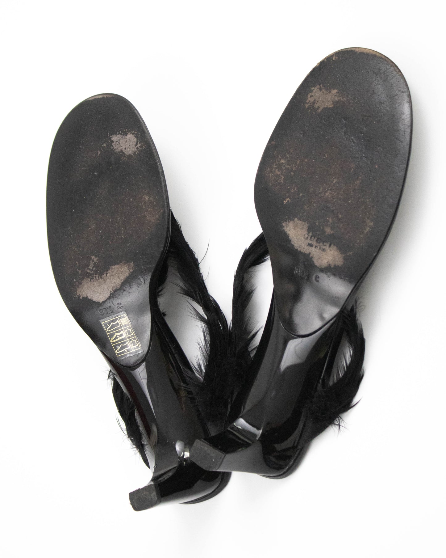 Vintage S/S 1999 Gucci Black Feather Thong Mule Runway Heels / 38.5 (US 8.5)
