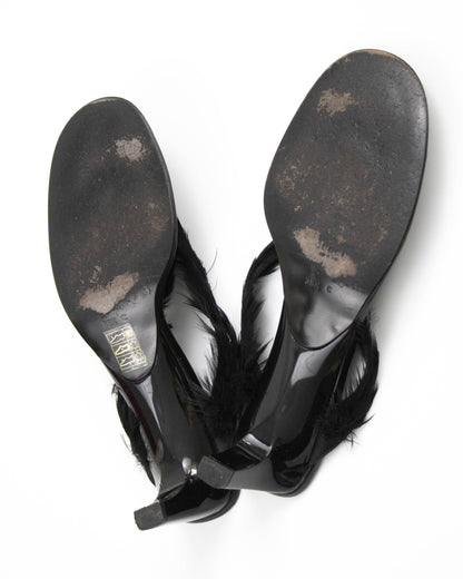 Vintage S/S 1999 Gucci Black Feather Thong Mule Runway Heels / 38.5 (US 8.5)
