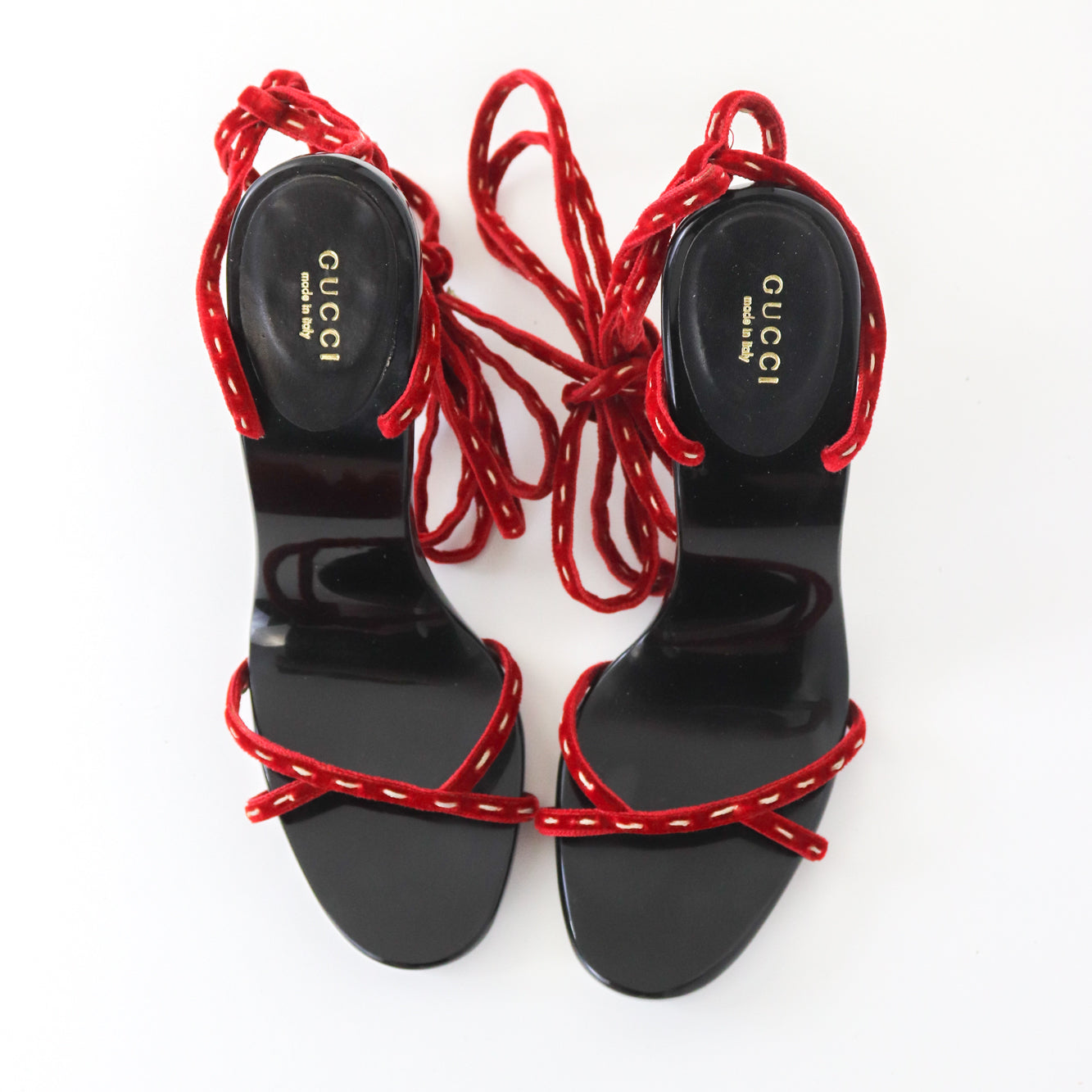 Rare Vintage S/S 2002 Gucci by Tom Ford Red Velvet Ankle Wrap Bamboo Heels / 39 (US 9)