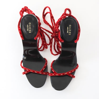 Rare Vintage S/S 2002 Gucci by Tom Ford Red Velvet Ankle Wrap Bamboo Heels / 39 (US 9)