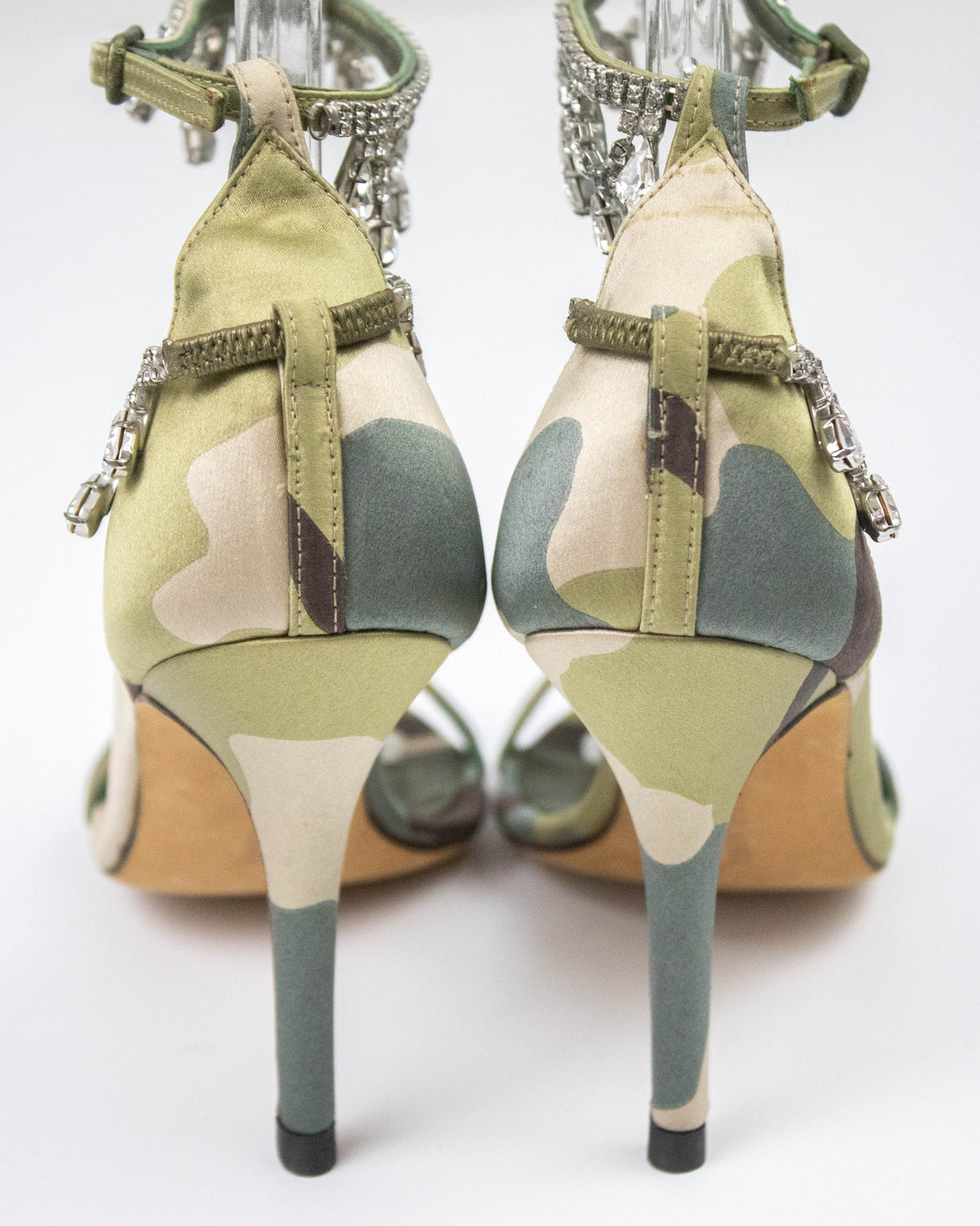 Vintage Manolo Blahnik Hourista Satin Camo Rhinestone Heels / 35.5 (US 5.5)