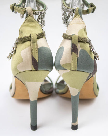 Vintage Manolo Blahnik Hourista Satin Camo Rhinestone Heels / 35.5 (US 5.5)
