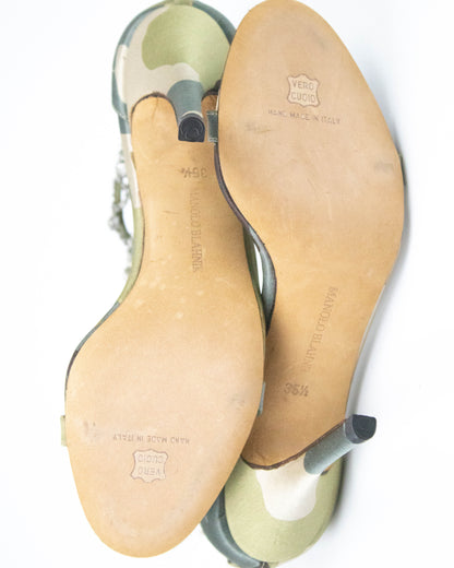 Vintage Manolo Blahnik Hourista Satin Camo Rhinestone Heels / 35.5 (US 5.5)