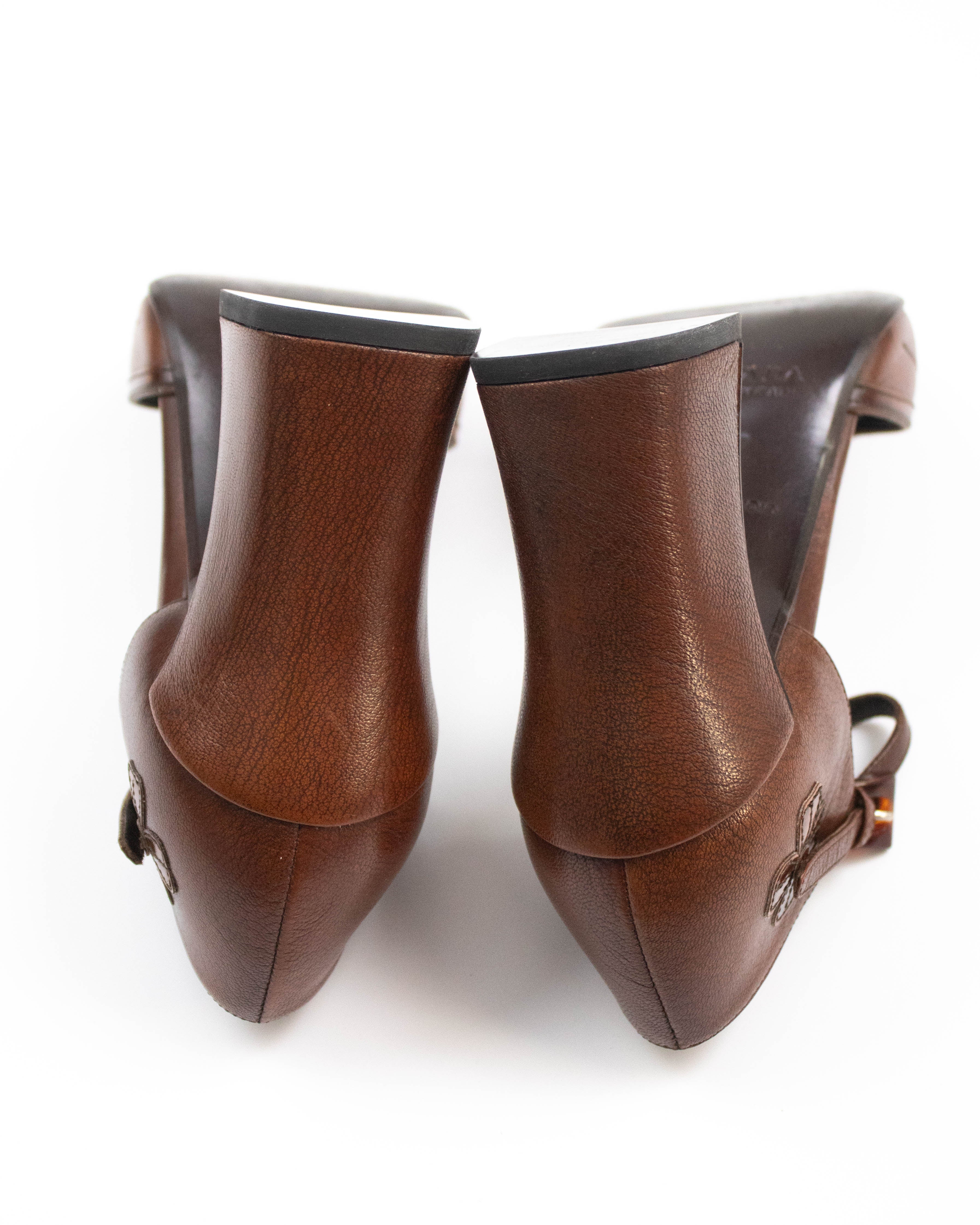 Vintage Prada S/S 1996 Brown Leather Flower Applique Runway Heels