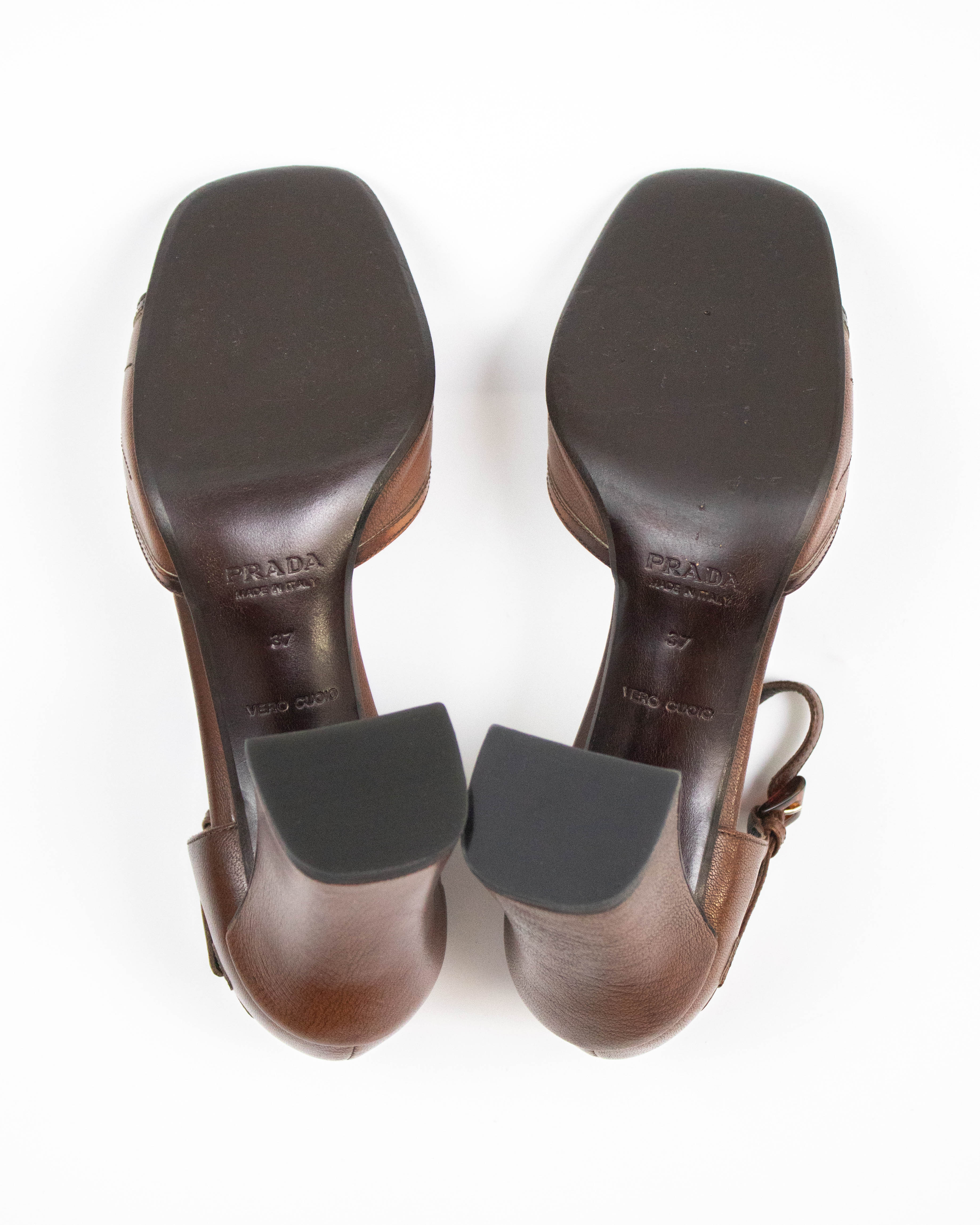 Vintage Prada S/S 1996 Brown Leather Flower Applique Runway Heels