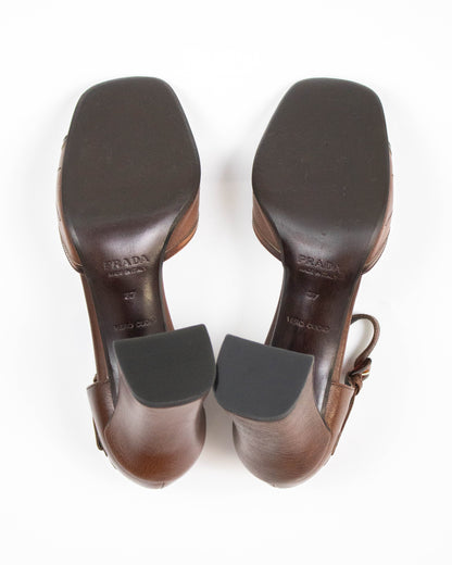 Vintage Prada F/W 1996 Brown Leather Flower Applique Runway Heels / 37 (US 7)