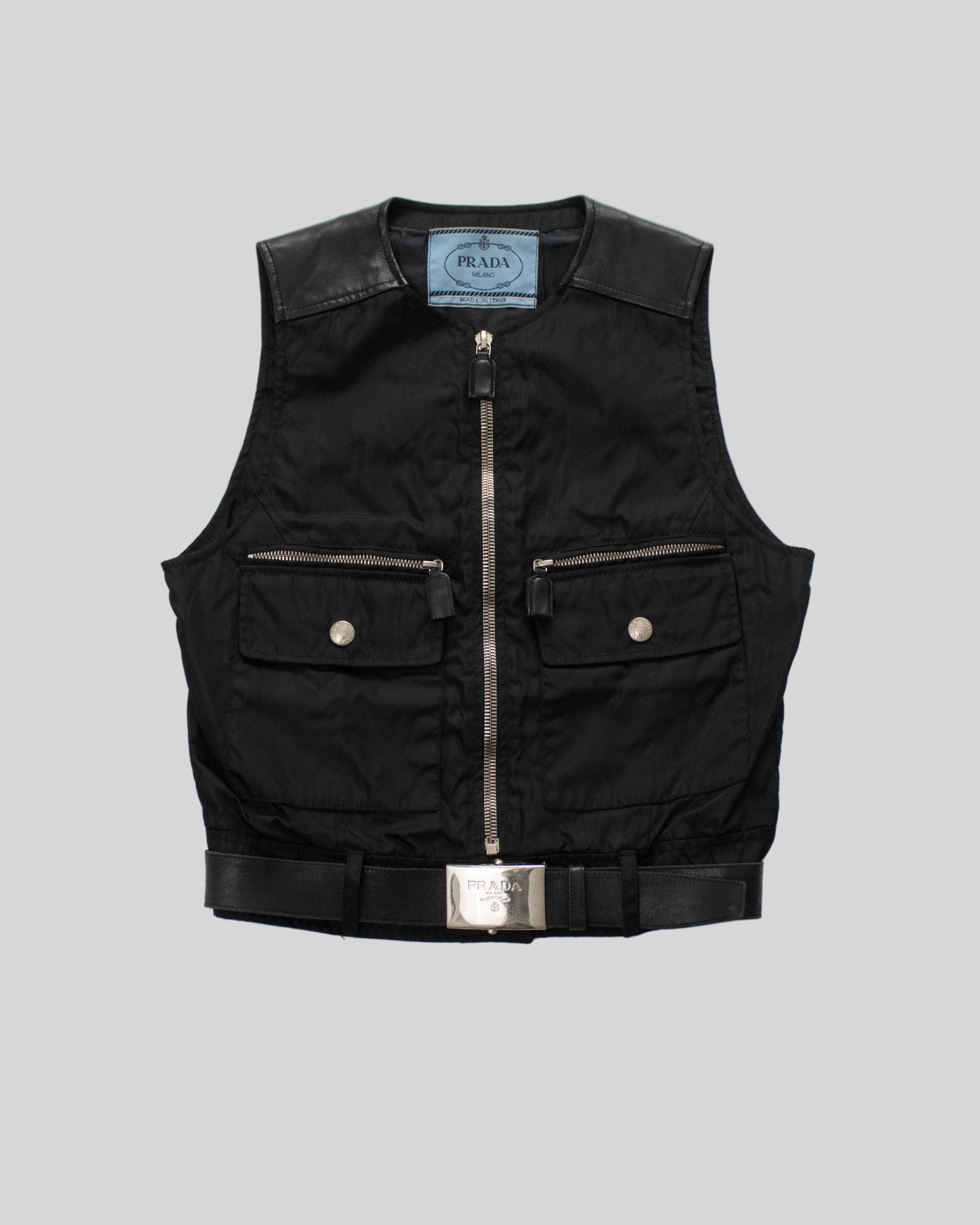 Vintage F/W 1994 Prada Leather Nylon Runway Cropped Belted Vest / M