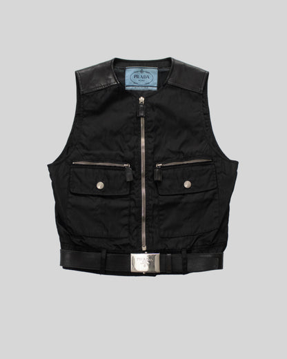 Vintage F/W 1994 Prada Leather Nylon Runway Cropped Belted Vest / M