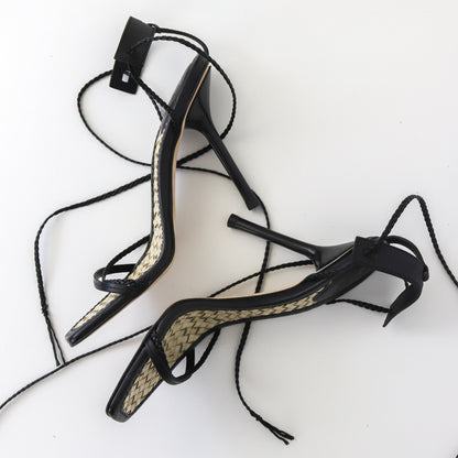 Vintage F/W 2002 Gucci by Tom Ford Black Braided Leather Strappy Heels Bamboo Insole / 36.5 (US 6.5)