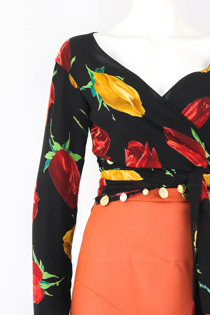 Vintage S/S 1992 Complice by Dolce&Gabbana Coins Embellished Floral Print Wrap Top / IT 42 (S)
