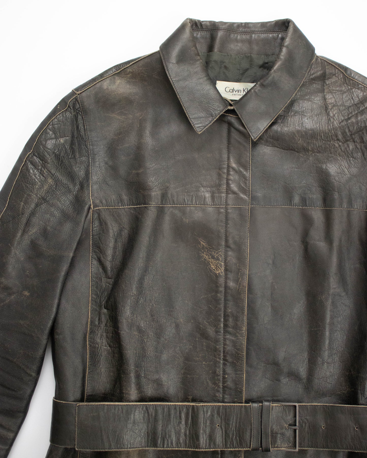 Vintage F/W 2000 Calvin Klein Collection Brown Leather Runway Jacket / S