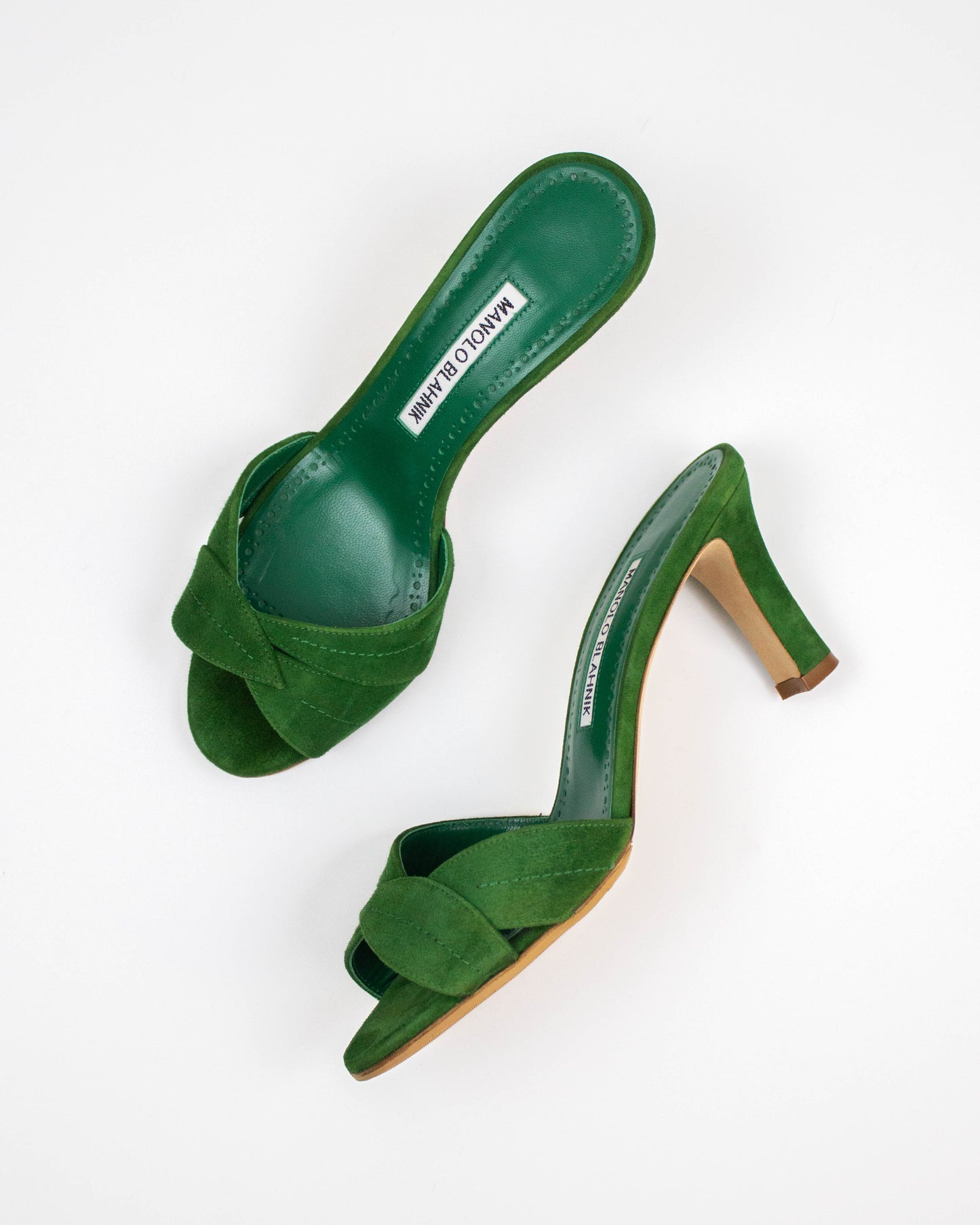 Manolo Blahnik Siemu Green Suede Floral Applique Mule Heels / 36 (US 6)