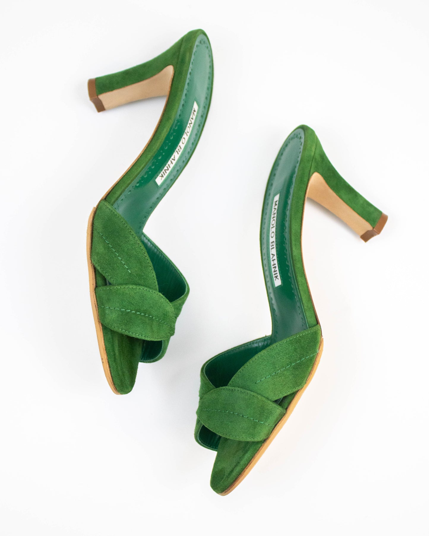 Manolo Blahnik Siemu Green Suede Floral Applique Mule Heels / 36 (US 6)