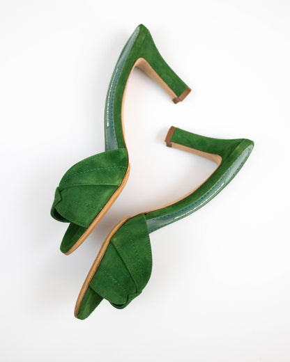 Manolo Blahnik Siemu Green Suede Floral Applique Mule Heels / 36 (US 6)