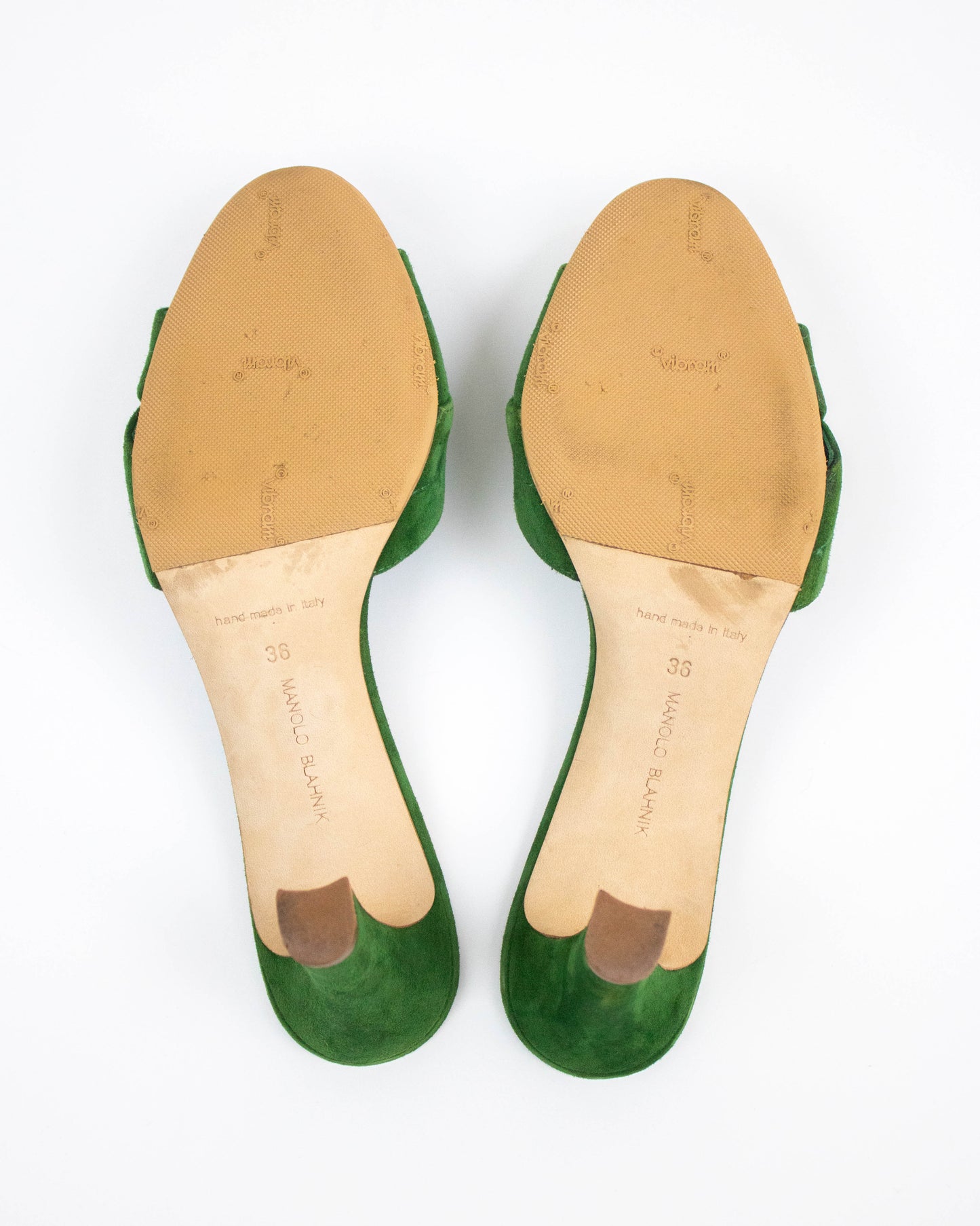 Manolo Blahnik Siemu Green Suede Floral Applique Mule Heels / 36 (US 6)