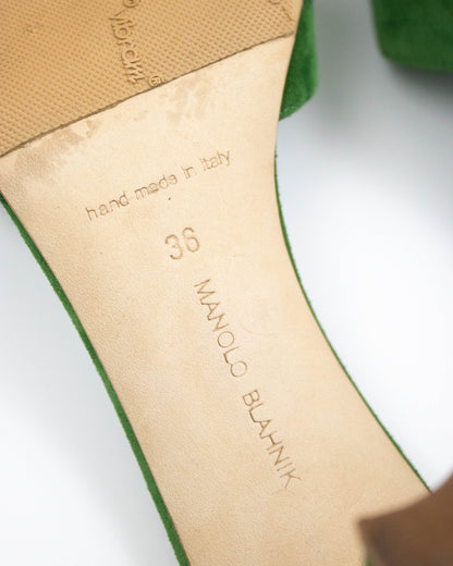 Manolo Blahnik Siemu Green Suede Floral Applique Mule Heels / 36 (US 6)