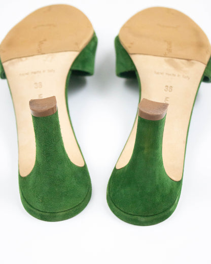 Manolo Blahnik Siemu Green Suede Floral Applique Mule Heels / 36 (US 6)