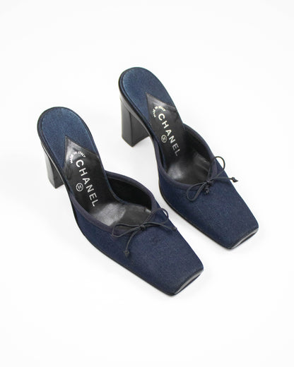 Vintage Chanel 2000 Denim Ballet Pointe Bow Detail Mule Heels / 37 (US 7)