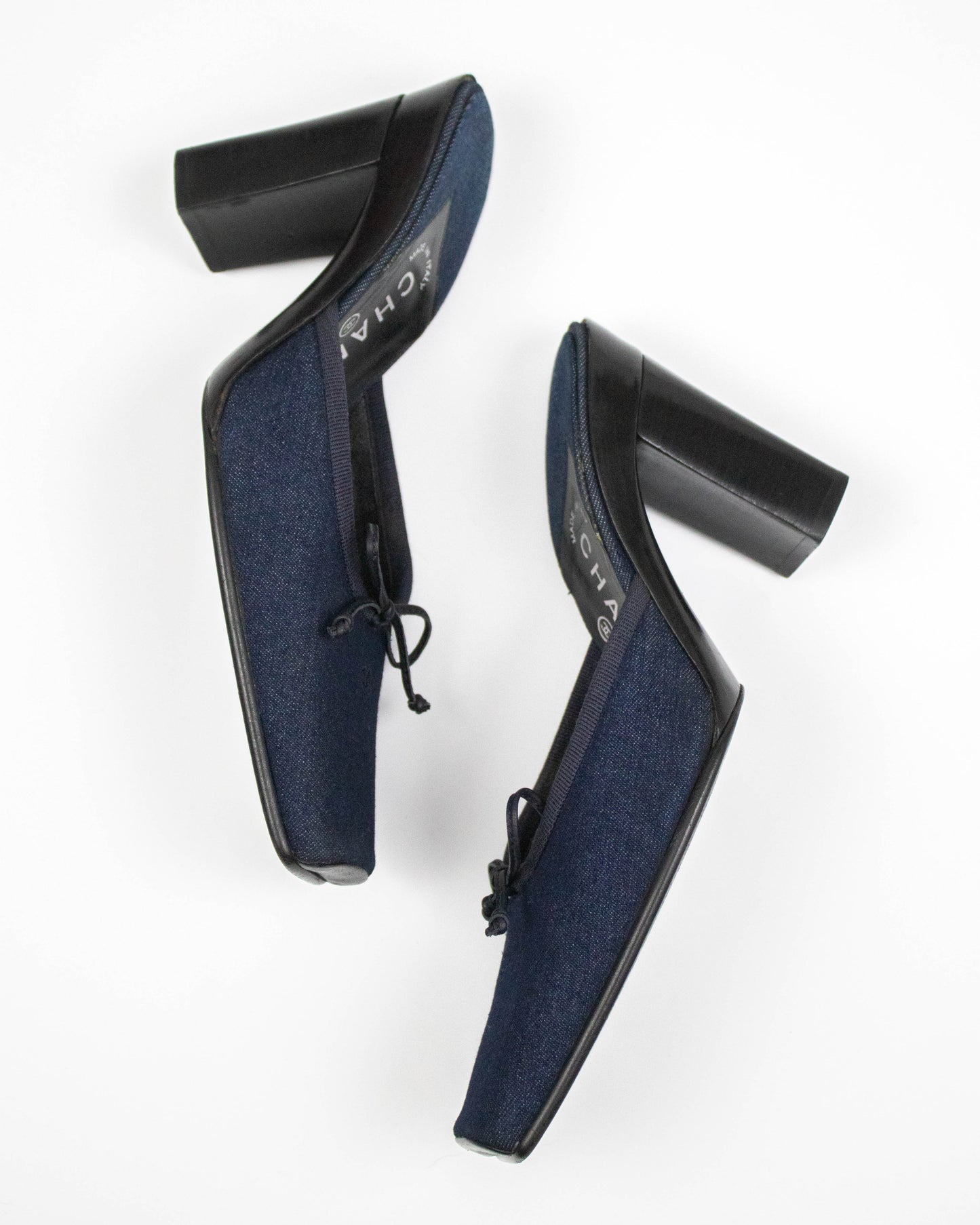 Vintage Chanel 2000 Denim Ballet Pointe Bow Detail Mule Heels / 37 (US 7)