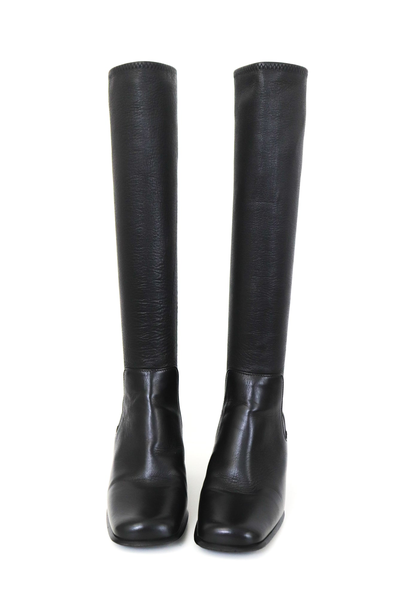 Vintage 1990s Prada Leather Black Square Toe Block Heel Boots / 35-35.5 (US 5-5.5)