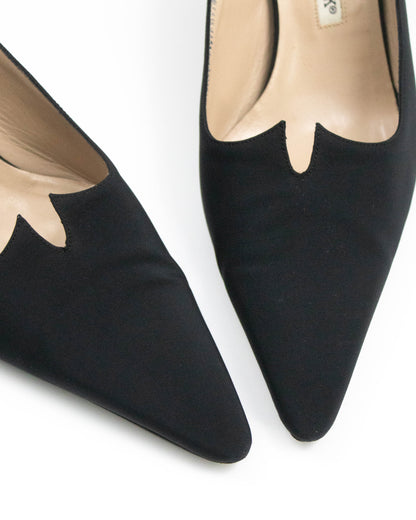 Vintage Manolo Blahnik Black Satin Kitten Heel Mules / 37 (US 7)