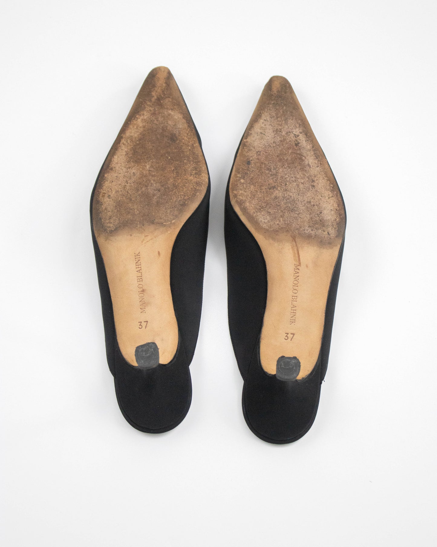 Vintage Manolo Blahnik Black Satin Kitten Heel Mules / 37 (US 7)