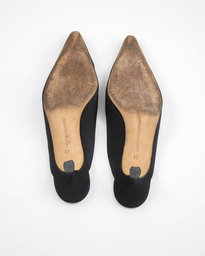 Vintage Manolo Blahnik Black Satin Kitten Heel Mules / 37 (US 7)