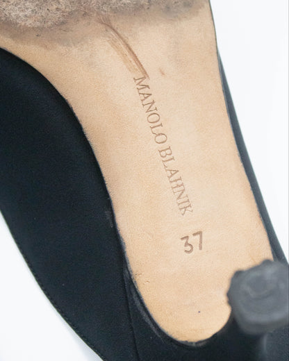 Vintage Manolo Blahnik Black Satin Kitten Heel Mules / 37 (US 7)