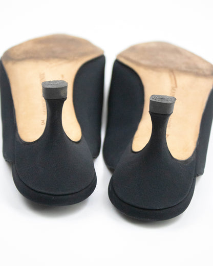 Vintage Manolo Blahnik Black Satin Kitten Heel Mules / 37 (US 7)