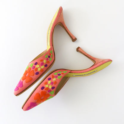 Vintage Manolo Blahnik Suede Floral Patchwork Pointed Toe Mule Heels / 36 (US 6)