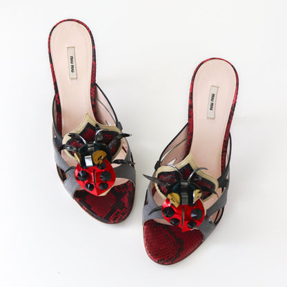 Vintage S/S 2008 Miu Miu Prada Snakeskin Leather Ladybug Mules Heels / 36.5 (US 6.5)