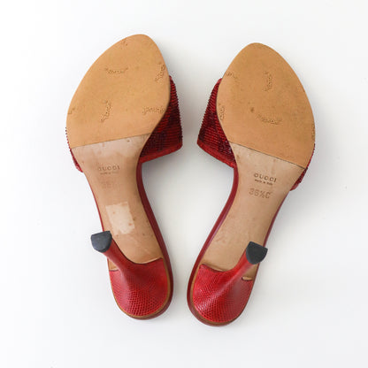 Vintage Gucci by Tom Ford GG Monogram Red Beaded Mules Reptile Leather Heels / 36.5 (US 6.5)