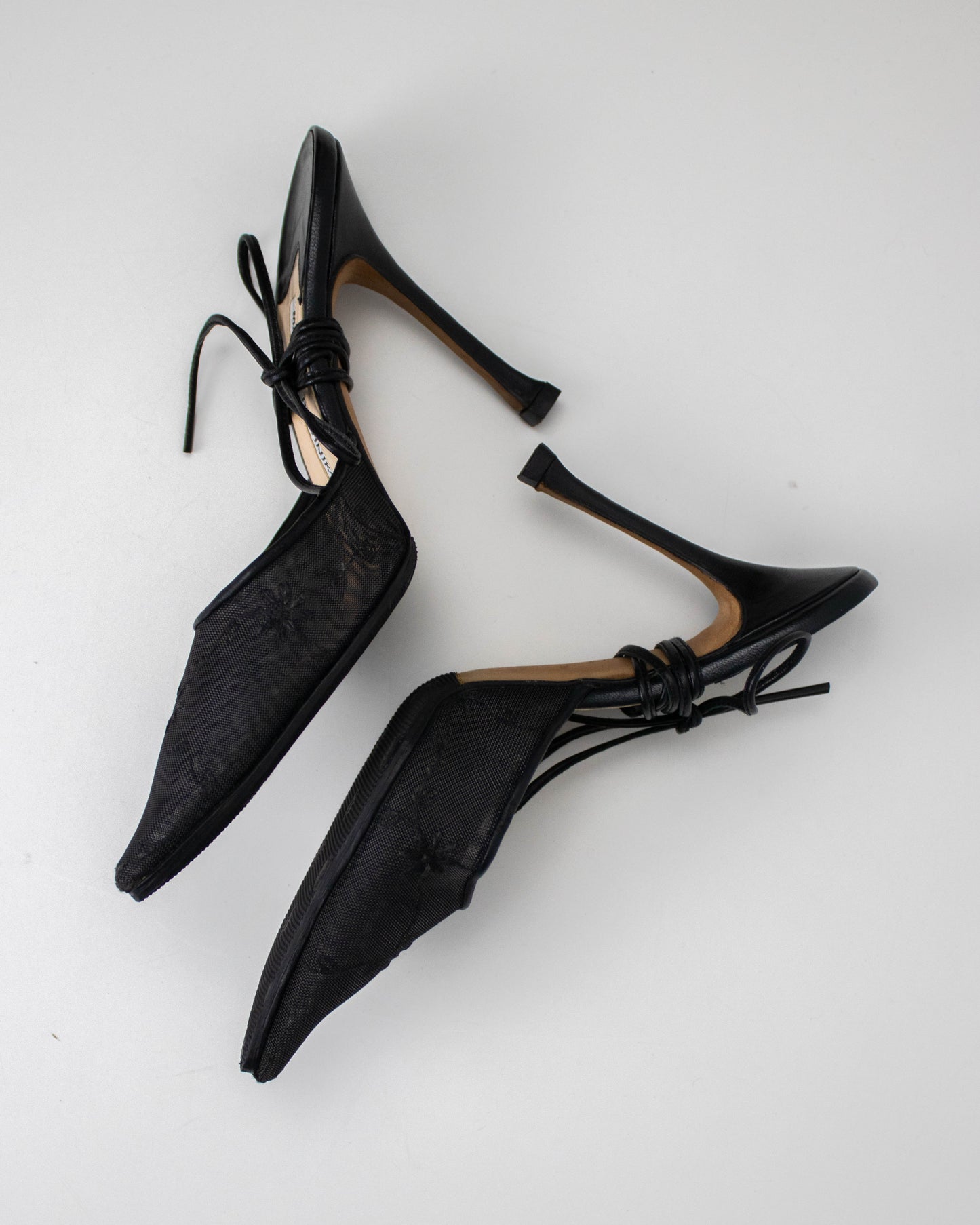 Vintage Manolo Blahnik Sheer Floral Embroidered Mule Ankle Wrap Heels / 36 (US 6)