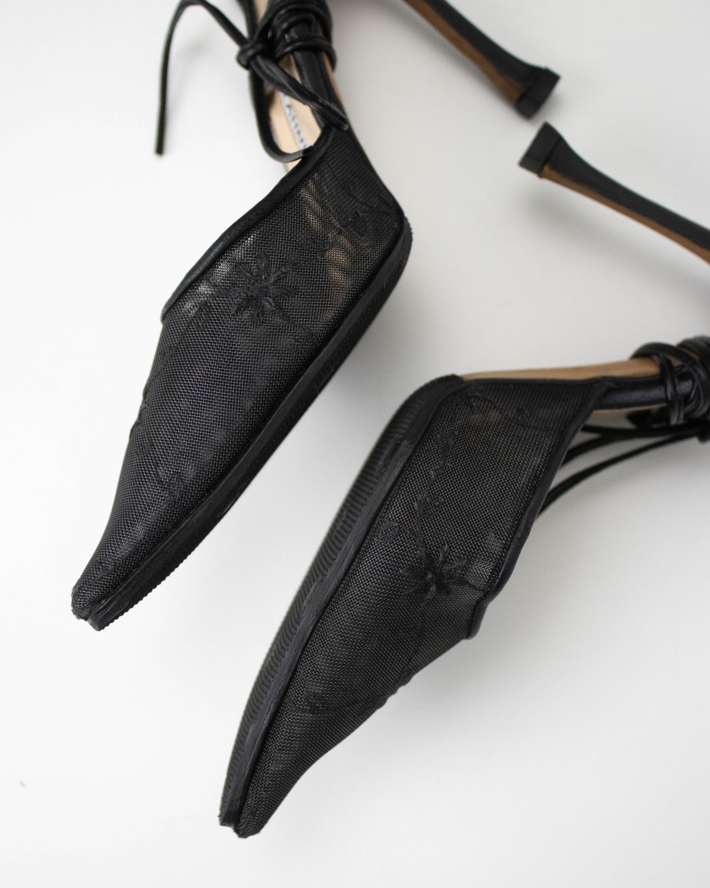 Vintage Manolo Blahnik Sheer Floral Embroidered Mule Ankle Wrap Heels / 36 (US 6)