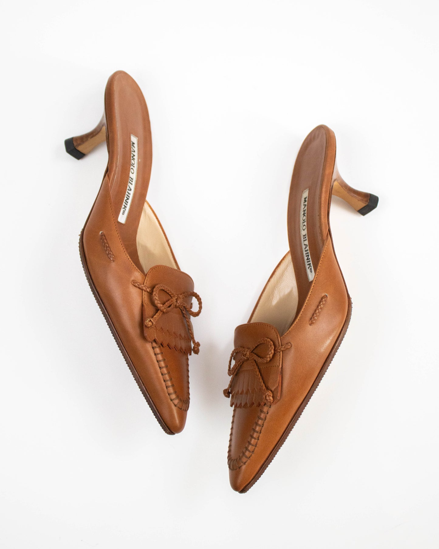 Vintage Manolo Blahnik Fringed Kitten Heel Mules Bow Detail / 36 (US 6)