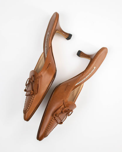 Vintage Manolo Blahnik Fringed Kitten Heel Mules Bow Detail / 36 (US 6)