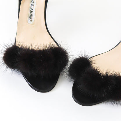 Vintage Manolo Blahnik Black Mink Fur Pompom Slingback Heels / 37.5 (US 7.5)