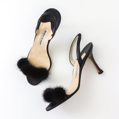 Vintage Manolo Blahnik Black Mink Fur Pompom Slingback Heels / 37.5 (US 7.5)