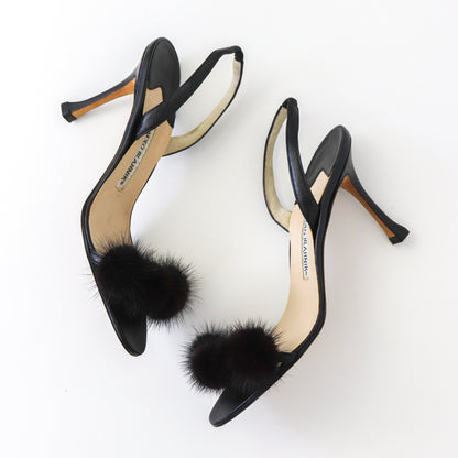 Vintage Manolo Blahnik Black Mink Fur Pompom Slingback Heels / 37.5 (US 7.5)