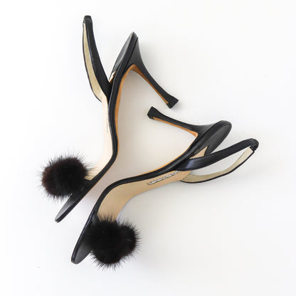 Vintage Manolo Blahnik Black Mink Fur Pompom Slingback Heels / 37.5 (US 7.5)