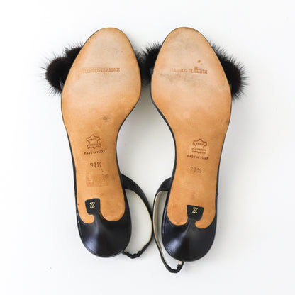 Vintage Manolo Blahnik Black Mink Fur Pompom Slingback Heels / 37.5 (US 7.5)