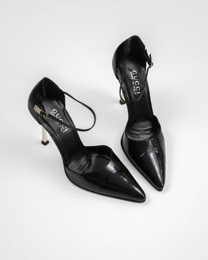 Vintage F/W 1997 Gucci Black Patent Leather Mary Jane Metal Heels / 37 (US 7)