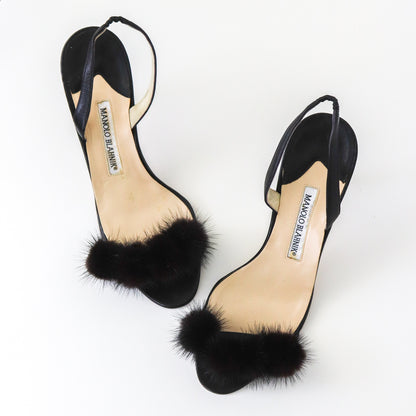 Vintage Manolo Blahnik Black Mink Fur Pompom Slingback Heels / 37.5 (US 7.5)