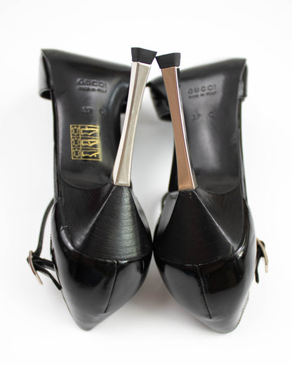 Vintage F/W 1997 Gucci Black Patent Leather Mary Jane Metal Heels / 37 (US 7)