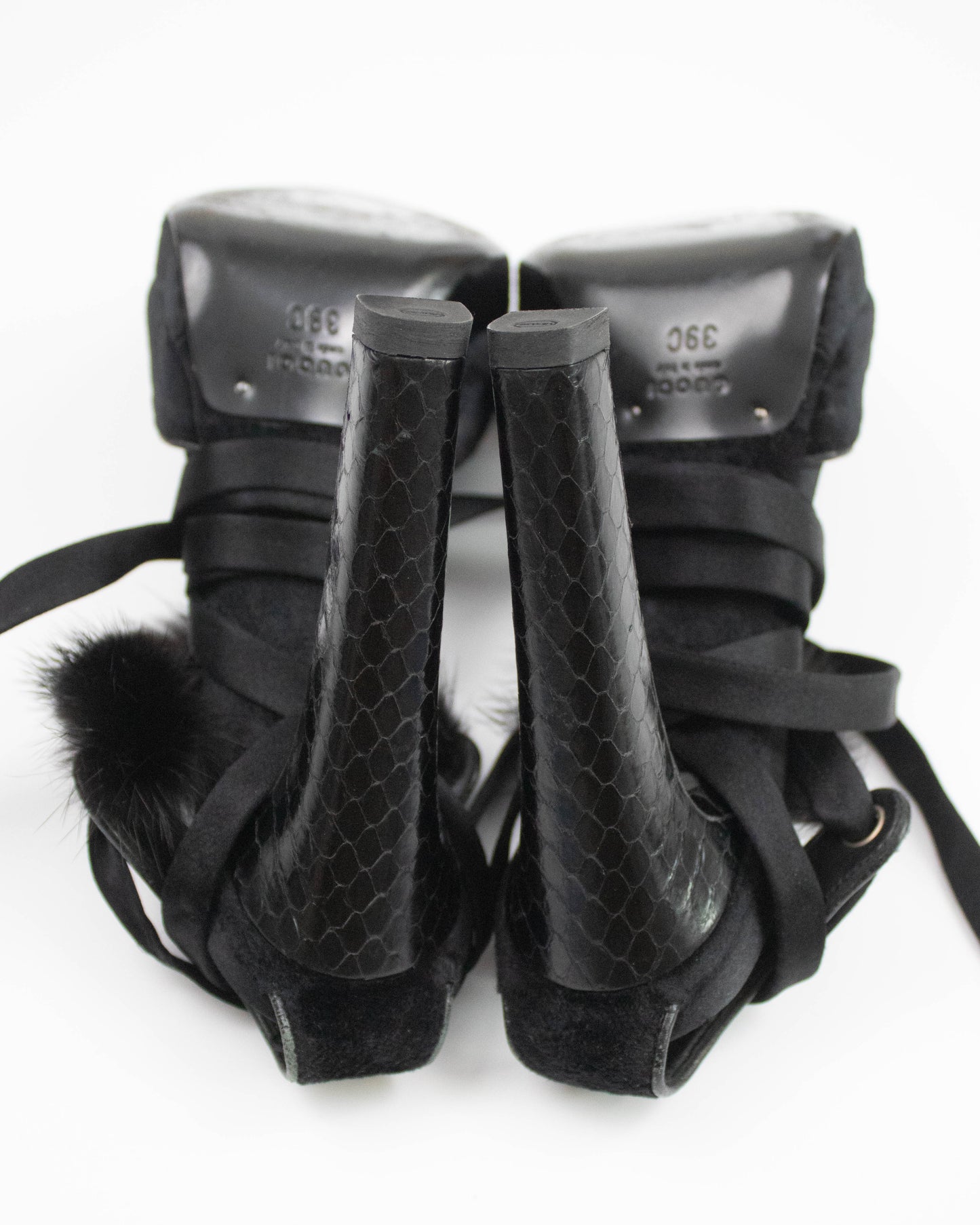 Vintage F/W 2004 Gucci by Tom Ford Runway Black Ankle Wrap Heels Fur Trim Detail / 39 (US 9)