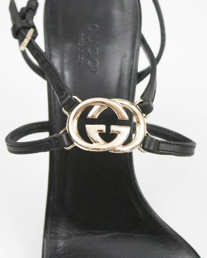 Vintage Gucci Black Leather Interlocking G Logo Strappy Sandals / 38 (US 8)