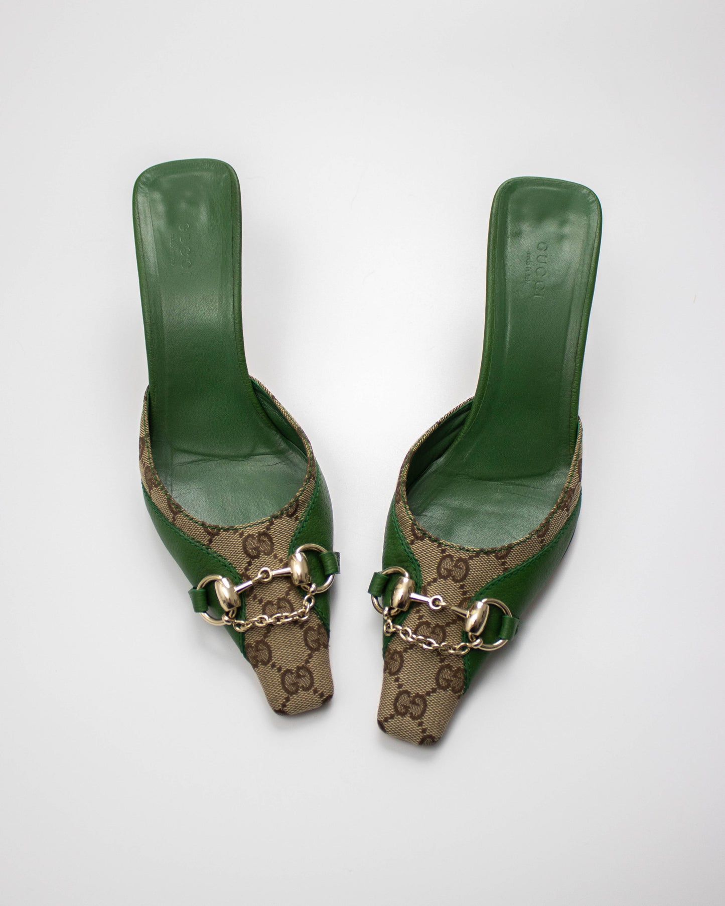 Vintage Gucci by Tom Ford Green GG Monogram Horsebit Chain Detail Mules / 39 (US 9)