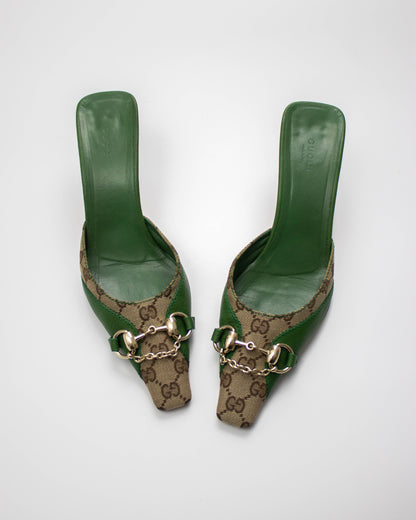 Vintage Gucci by Tom Ford Green GG Monogram Horsebit Chain Detail Mules / 39 (US 9)